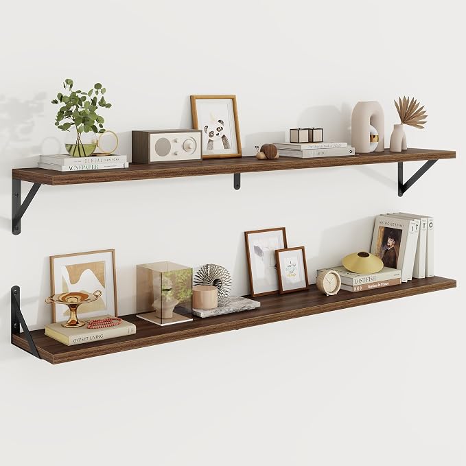 Floating Shelves 8 Inch Deep, 48W x 8D Wall Shelf Set of 2, 70 lbs Heavy Duty Reversible Metal Brackets, Industrial Book Shelf for Living Room Kitchen Bathroom Bedroom Gallery Wall, Walnut