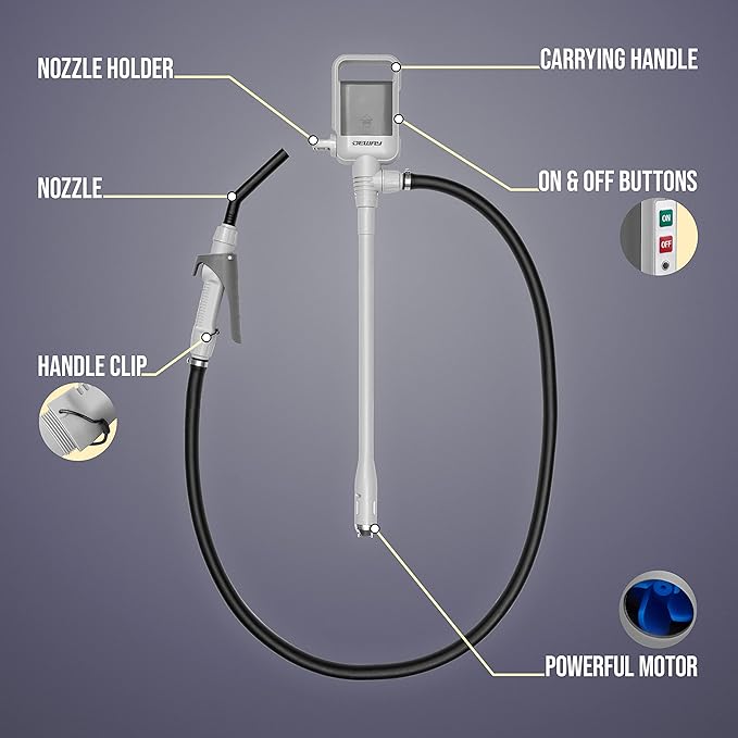 DEWAY Automatic Fuel Transfer Pump with Nozzle for Quick Flow Control & Stop, Heavy Duty Rubber Hose, 3X More Powerful D Battery Powered, Fits All Size Cans, Transfers at 2.4 Gal/Minute