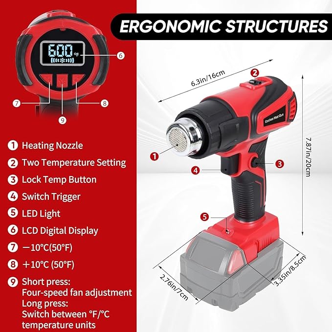 Cordless Heat Gun Compatible with Milwaukee m18 Battery,Adjustable Temp 120℉–1110℉,LED Light,LCD Digital Display,Portable Hot Air Gun 4 Nozzles For Shrink Tubing DIY (Tool Only, Not Made by Milwaukee)