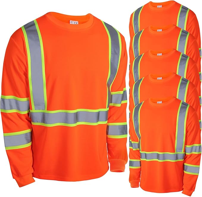 Zhanmai 6 Pack Safety Long Sleeve, Class 3 High Visibility T Shirt with Reflective Strips for Work Surveyor Construction