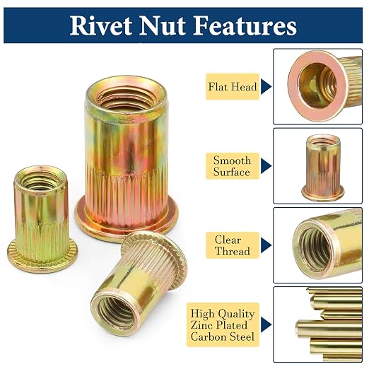 SAE Rivet Nut Assortment Kit(240Pcs), #6-32#8-32#10-24 1/4"-20 5/16"-18 3/8"-16 UNC Rivnut Threaded Insert Nut Set, Zinc Plated Finish Carbon Steel Nutsert