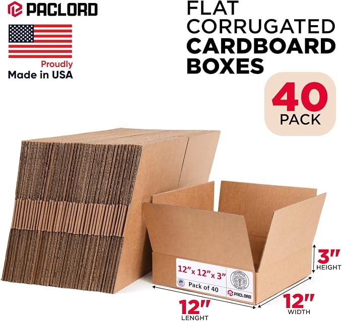 Flat Cardboard Boxes 12"L x 12"W x 3"H (Pack of 40) - USA-Made Packing Boxes for Moving, Shipping, or Storage - USPS, UPS, FedEx Approved - Professional Packing Supplies for Moving | USA-Made Packing Boxes for Moving, Shipping, or Storage - USPS, UPS, ...