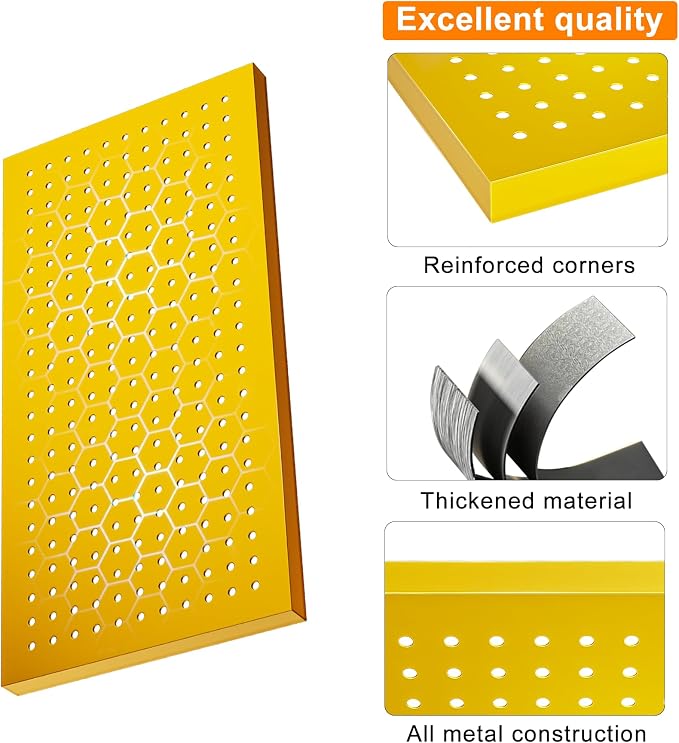 Metal Peg Board Panels, Pegboard Panels, Heavy Duty Pegboards | 4 Pack Yellow Peg Boards, Wall Organizer For Workbench, Shop, Shed, Modular Organizer Board Kit, Wall Organizer