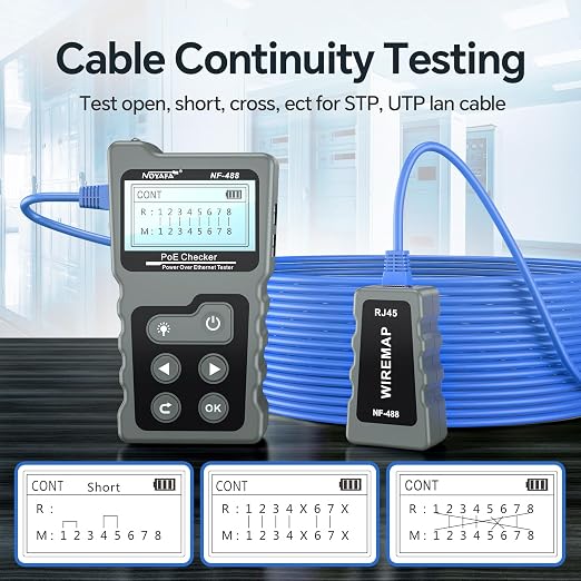 NOYAFA NF-488 POE Cable Tester for Power Over Ethernet, Network Cable Continuity Checking, Switch Loop-Back POE Detector