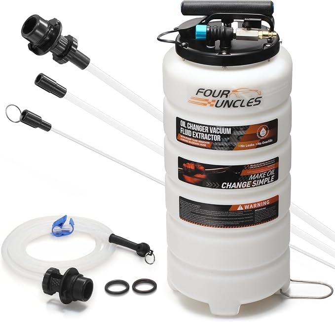 FOUR UNCLES Oil Extractor - Vacumm Fluid Extractor with Pump Tank Remover & Tubes for Oil Change and a Hose for Brake Bleeding