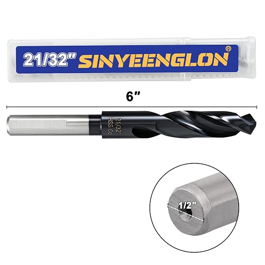 21/32 Drill Bit for Metal and Hardened Steel, M35 Cobalt 1/2 Inch Reduced Shank Industrial Grade Heavy Duty Drill Bit, with Index Storage Case
