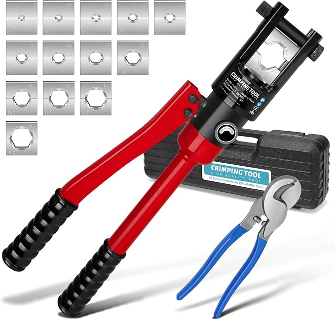 Hydraulic Crimping Tool, 16 Tons Wire Crimping Tool Kit with Cable Cutter | With 13 Pairs of Dies, 12 AWG to 600 MCM, Wire Rope Crimping Tool for Battery Cable Ends Ring Terminals, Red
