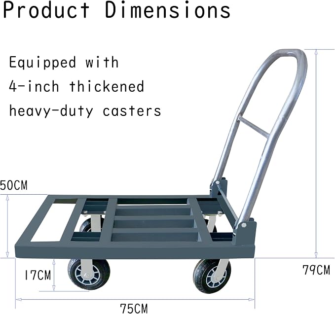Folding Platform Hand Truck Cart Heavy Duty Car Flatbed Caster with 360 4''Wheels Easy Pull Push Moving 75 X 50 CM