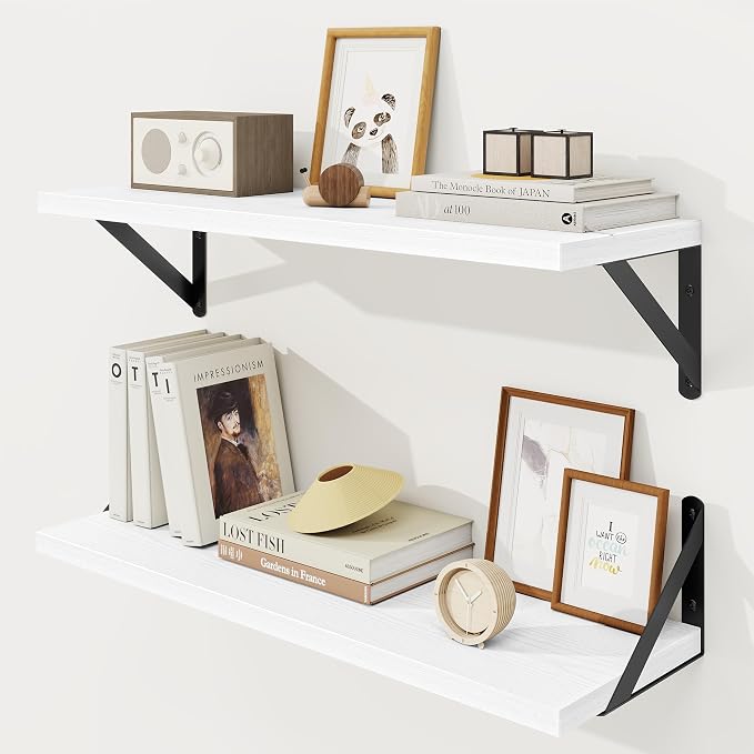 Floating Shelves 8 Inch Deep, 24W x 8D Wall Shelf Set of 2, 50 lbs Heavy Duty Reversible Metal Brackets, Industrial Book Shelf for Living Room Kitchen Bathroom Bedroom Gallery Wall, White