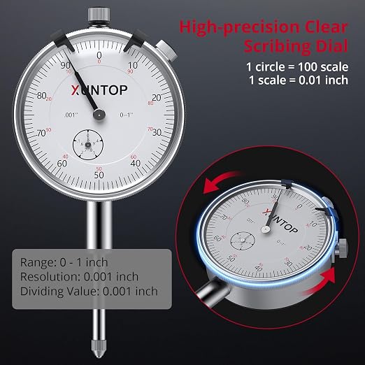 XUNTOP Dial Indicator 1inch/0.001inch with 132lbs/60kg Magnetic Base,Imperial Dial Test Gauge Set for Lathe,3D Printer,CNC,Car,Laboratory