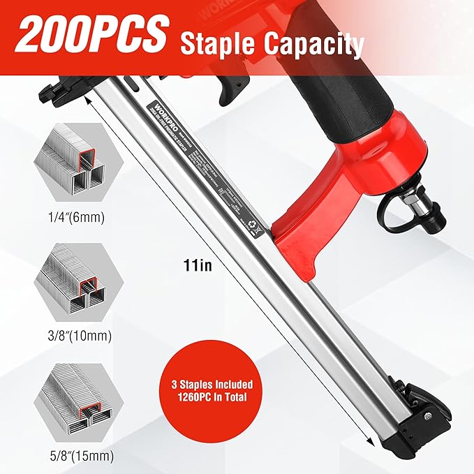 WORKPRO Pneumatic 20 Gauge Staple Gun, Oil-Free T50 Upholstery Stapler with 1260pcs 1/4" to 5/8" Staples, Extended Magazine, 200-count Staple Capacity, for Carpentry, Woodworking and DIY Projects