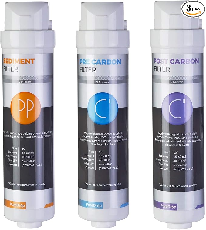 PureDrop CUW4 Ultra-filtration Under-Sink 3-Stage Prefilter Replacement Water Filter Cartridges (no membrane included)