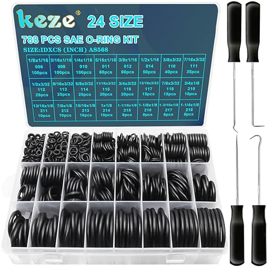 KEZE 788 Pcs SAE Rubber O Ring Assortment Kit Buna-N 70A 24 Size USA Standard Inch O Rings Set for Assort Faucets Plumbing Hydraulics Hose Repairs with O Ring Hook and Pick