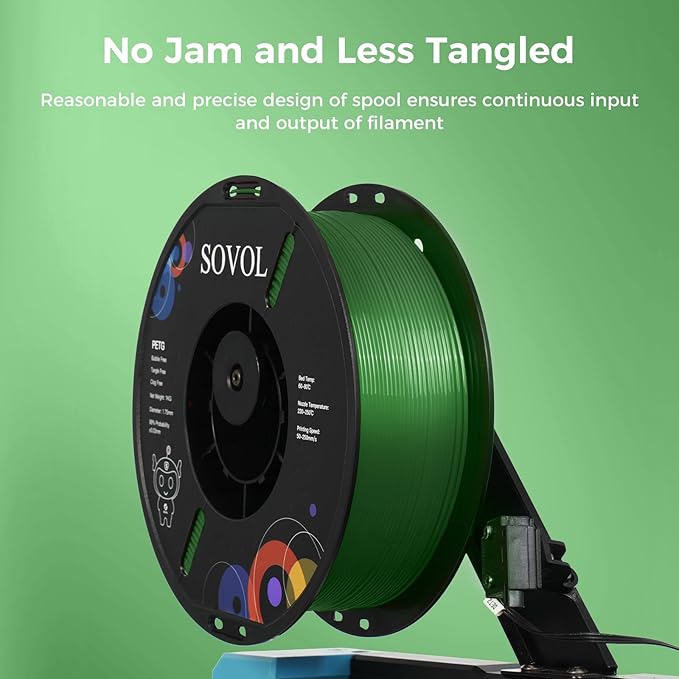 Sovol 3D Printer PETG Filament 1.75mm 1KG (2.2lbs), High Precision, Strong Toughness, Wiring Tightness, Dimensional Accuracy +/- 0.03 mm, 3D Printing PETG Filaments, Green