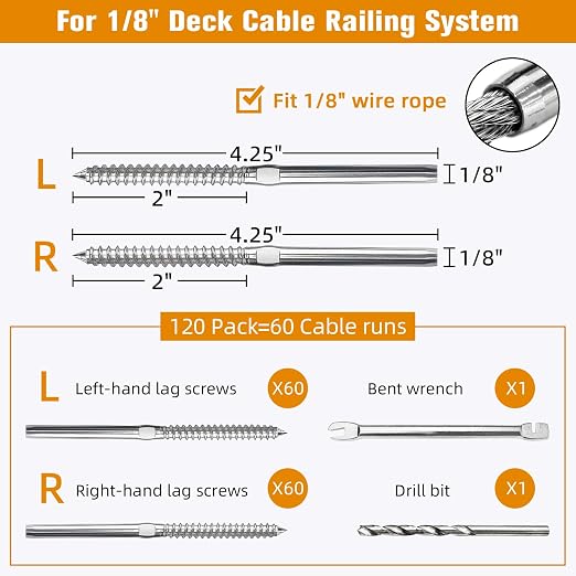 Swage Lag Screws for Cable Railing - 120 Pack T316 Stainless Steel Left and Right Handed Thread - 1/8" Cable Railing Hardware Kit for Deck Stair Wood Post Railing System
