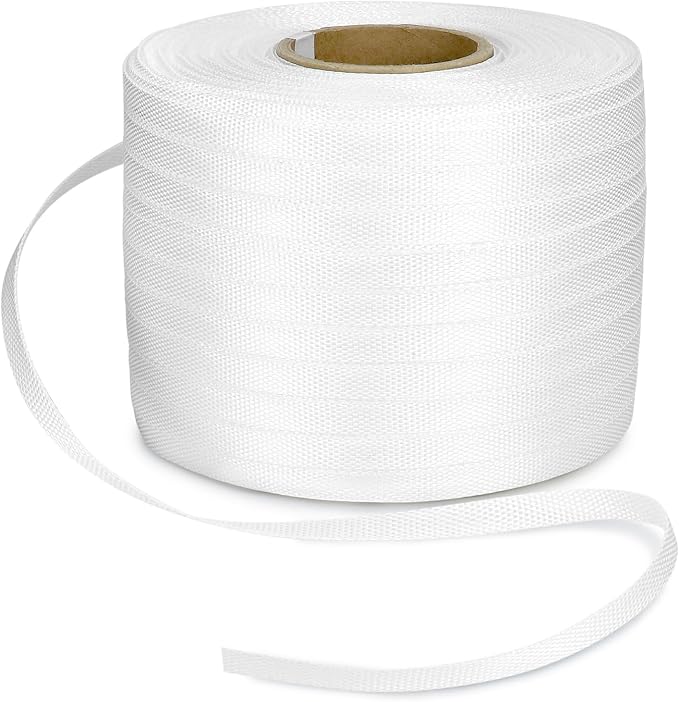 QWORK 1/2" x 1500' Woven Cord Strapping Roll, Heavy Duty Polyethylene Braided Rope Strap Roll, 1300 lb Strong Break Strength 6" x 3" Core, Strength and Flexibility Poly Cord Strapping, White