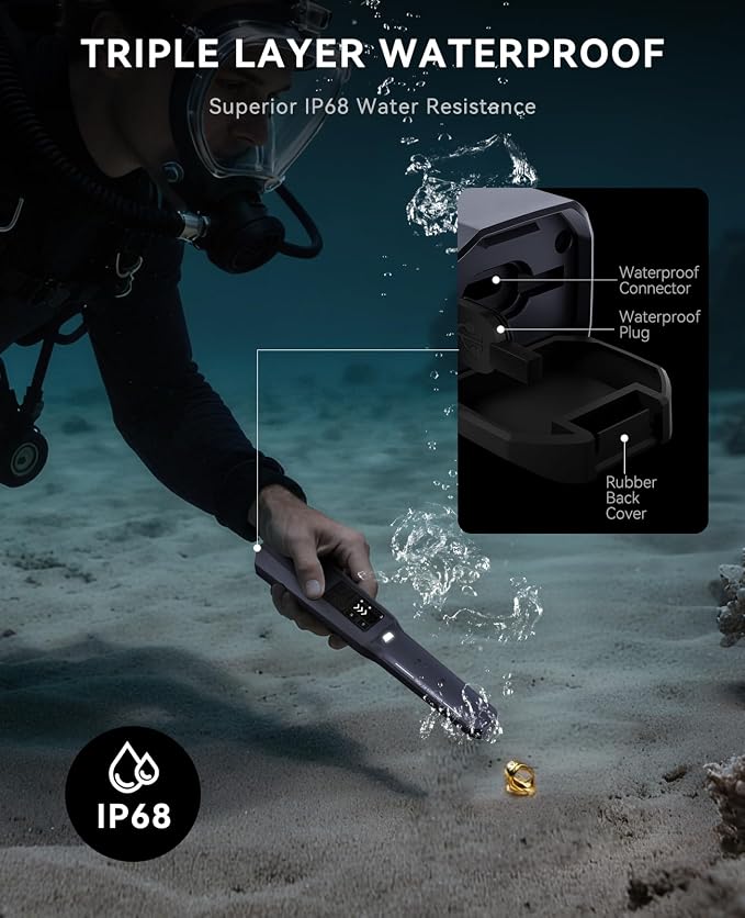 SUNPOW Metal Detector Pinpointer Rechargeable with LCD Screen – Adjustable Sensitivity, 4 Modes, IP68 Waterproof Handheld Metal Detector Wand for Adults & Kids – GD01