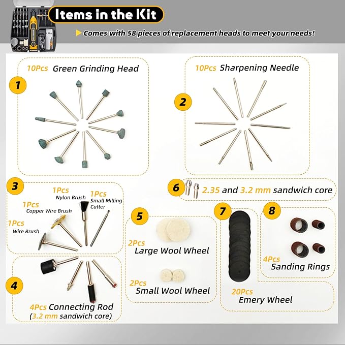Resin Drill 3D Printed Resin Cured Sanding and Polishing Tool Kit, Mini Tepy-C Cordless Electric Rotary Sander with 58 Attachments for Drilling, Sanding and Polishing 3D Printed Resin Models