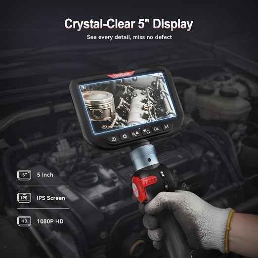 RALCAM Dual Lens Articulating Borescope, 10FT Semi-Rigid Inspection Camera with 5" HD Screen, 8.5mm Slim Waterproof Probe, Two-Way Endoscope Camera with Light for Automotive, HVAC, Pipes