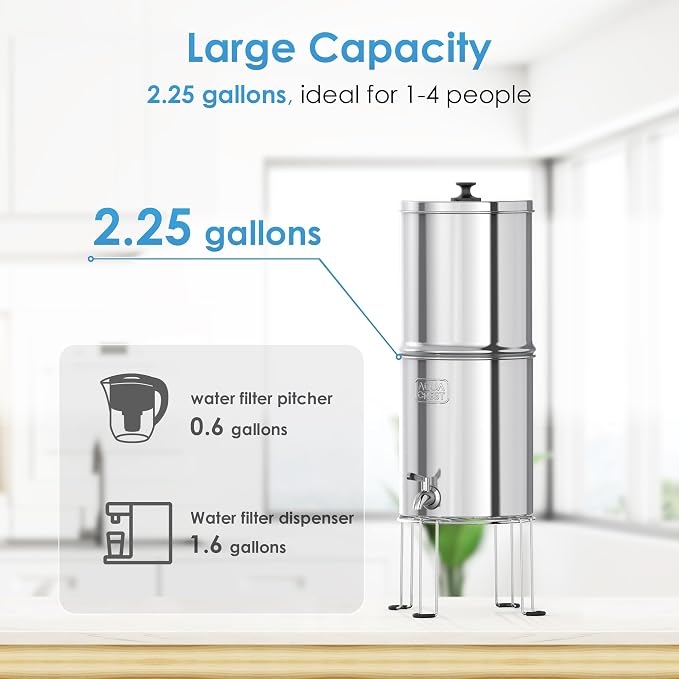 AQUA CREST TN-A-FS Gravity Water Filter System, NSF/ANSI 42&372 Certified Filters of 4, Reduce Fluoride and Chlorine, Stainless Steel Water System for Home, Emergencies, 2.25G