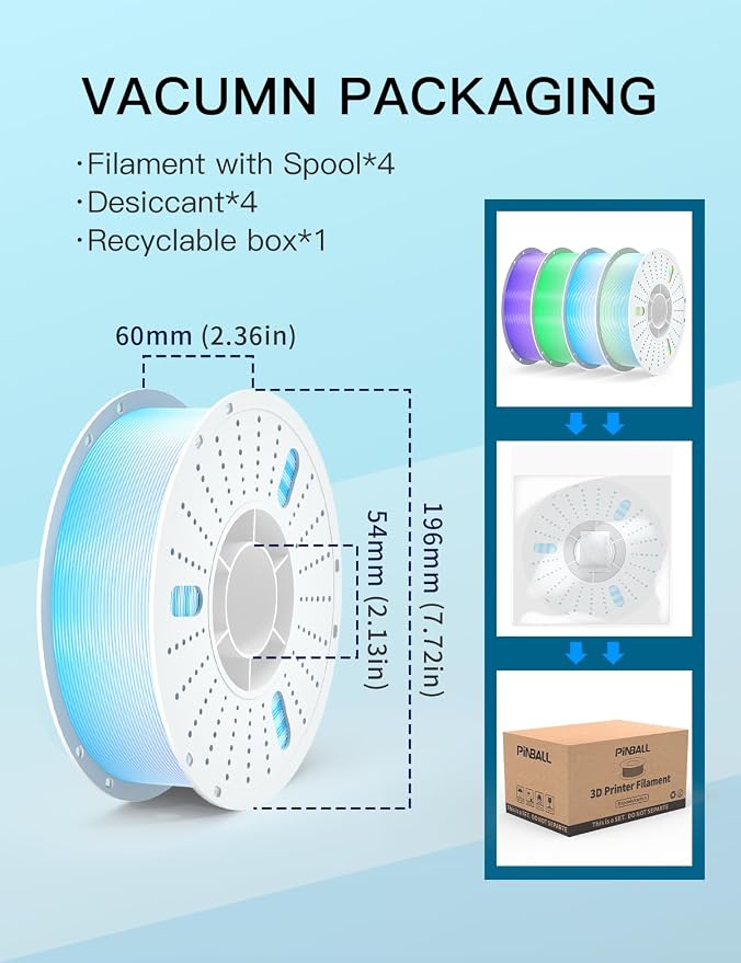 PINBALL PETG Rainbow 3D Printer Filament 4KG, Multicolor PETG Filament 1.75mm, 4kg Pack, Purple+Green +Blue+Red
