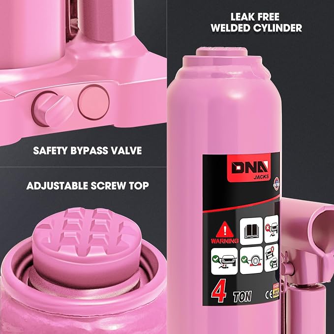 DNA Motoring 4 tons / 8818 lbs Lifting Automotive Welded Hydraulic Bottle Jack for Repair Vehicle, Pickup, Truck, w/Manual Handle, Pink, TOOLS-00352-PK
