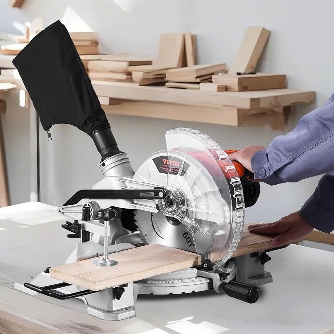 VEVOR Compound Miter Saw, 10-Inch Blade, 15 Amp Motor, 60-Tooth, Corded Single Bevel 0-45°, LED Precision Alignment, Angle Adjustable, Lightweight Cast Aluminum Base, for Wood, Composite Decking