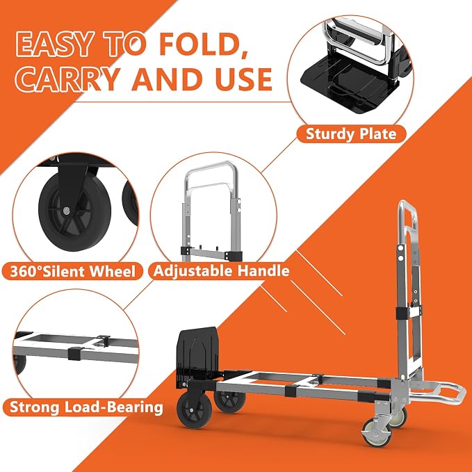 3 in 1 Heavy Duty Folding Hand Truck, Convertible Portable Steel Dolly with Telescopic Handle, Foldable Utility Cart with Rubber Wheels, 500 LBS