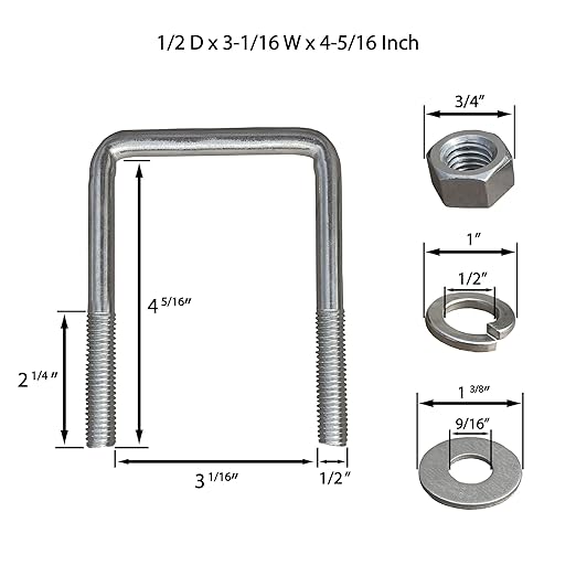 A.A Square U Bolt with Hardware for Boat Trailer, Galvanized Steel, 1/2" Diameter x 3-1/16" x 4-5/16" for 3x3 Beam (8 Pack)
