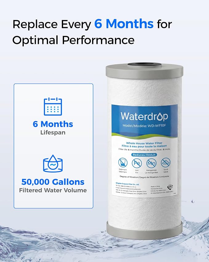 Waterdrop WF10F Whole House Water Filter, Compatible with WHF21-FG, Any 10" x 4.5" System, Reduces Iron and Manganese, 5 Micron, 2 Pack
