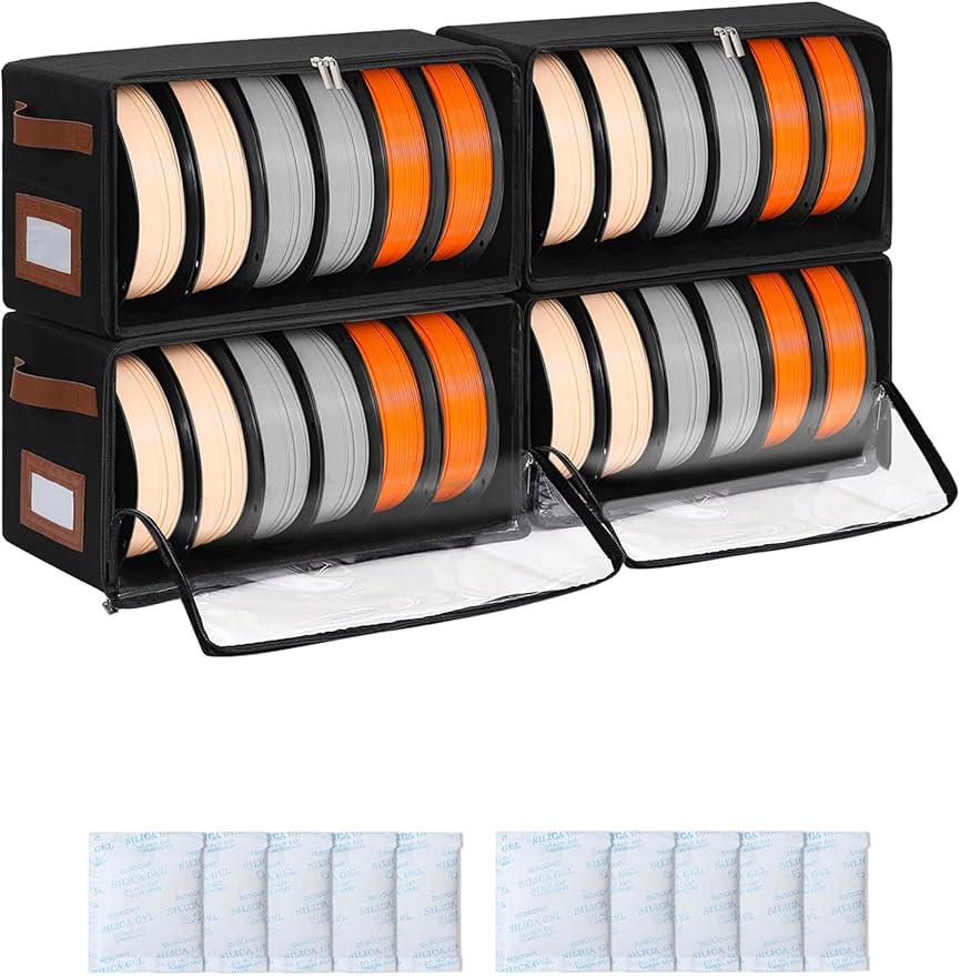 Filament Storage Box 4-Pack, Stackable 3D Printer Filament Storage Container with Reinforced Metal Frame, Visible Window and 10 Desiccant Packs, Holds up to 24 Rolls for Workshop & Studio