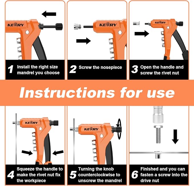 Kerry Rivet Nut Gun Tool, One-Handed Riveters 9.5" Rivnut Tool Kit with 8 Metric and SAE Mandrels 80PCS Rivet Nuts, 6-32 8-32 10-24 1/4-20 M3 M4 M5 M6 with Carrying Case Ideal for Automotive Work