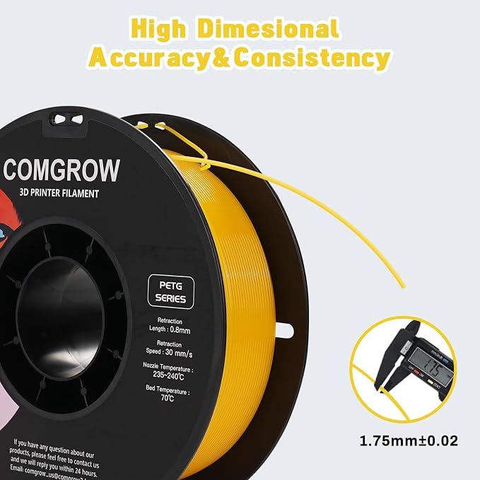 Comgrow PETG 3D Printer Filament 1.75mm, High Precision and Tough 3D Printer Filament 1kg (2.2LBS), Dimensional Accuracy +/- 0.02 mm, Fit Most 3D Printers Yellow