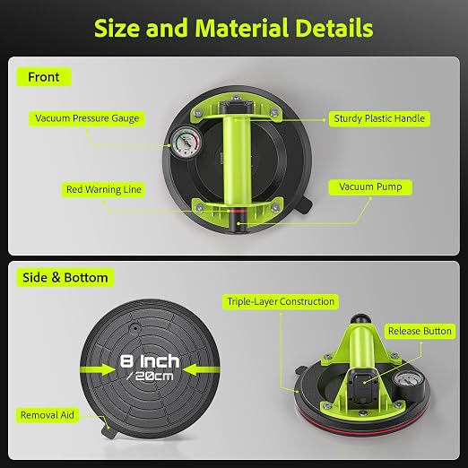 TaskStar Glass Suction Cups to Lift Large Glass: 8" Tile Suction Cup Tool with Pressure Gauge, 450 LBS Max Load, Heavy Duty Vacuum Lifter for Contractor/Tiler/Stone Installer/DIYer