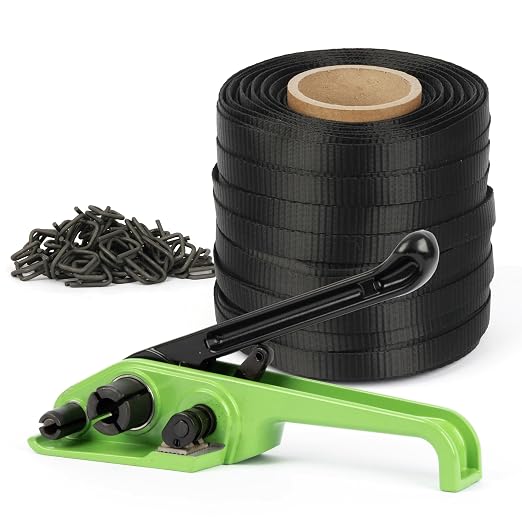 U.S. Solid Manual Banding Strapping Kit, 3/4" x 985' Woven Cord Strapping with Heavy Duty Tensioner & 200pcs Phosphated Metal Buckles, All-in-One Pallet Packaging Tool for Crating, Lumber & Cargo