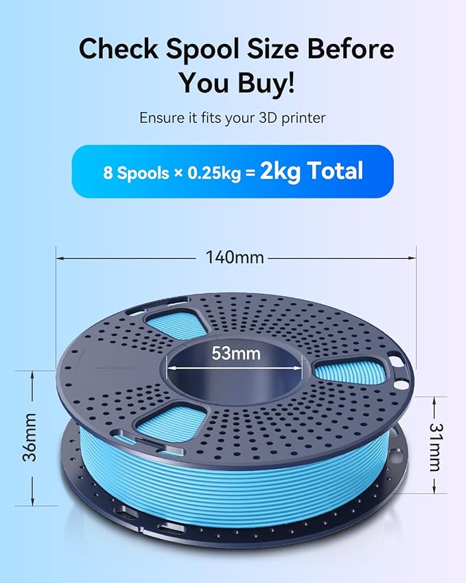 JAYO PLA 3D Printer Filament Bundle 2KG, 1.75mm Dimensional Accuracy +/- 0.02mm, 8 Pack 0.25kg Spool (Sky Blue, Cherry Red, Sunny Orange, Sakura Pink, Chocolate, Olive Green, Mint Green, Lemon Yellow)