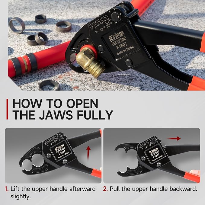 iCrimp ASTM F1807 PEX Crimping Kit with Cutter, Gauge & Copper Rings | Complete F1807 PEX kit with angle head crimper, PEX cutter, GO/NO-GO gauge and 30 copper rings