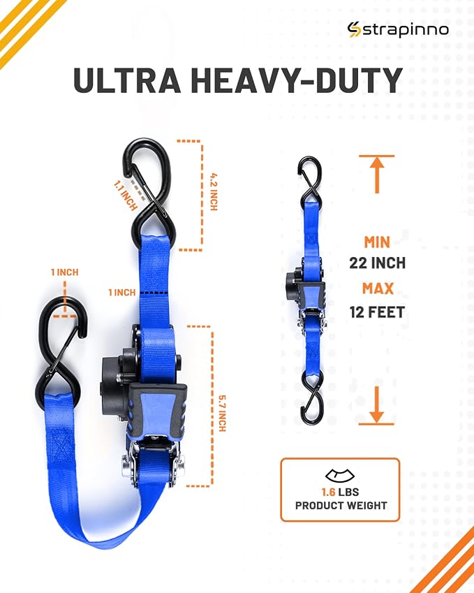 Strapinno Retractable Ratchet Straps - 1 in x 12 ft Heavy Duty Tie Downs, 1800lbs Breaking Strength Each, S Hooks with Safety Clip, AutoRetract, for Moving, Motorcycle, Boat, Kayak, and Cargo (2PCS)