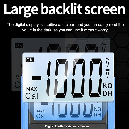 Digital Ground Resistance Tester, True RMS Earth Meter AC/DC Voltage Multimeter Backlight LCD Data Hold Rechargeable Full Test Kit for Electrician Ground Lightning Test