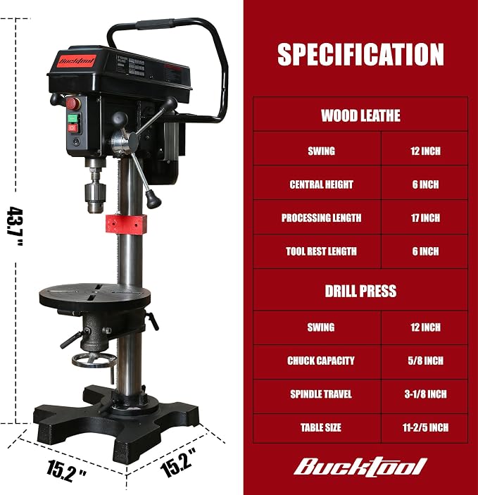BUCKTOOL 3/4HP 12" Drill Press & 12"x17" Wood Lathe Combo, 6.2Amp 580-3200RPM Variable Speed Benchtop Drill Press and Woodworking Lathe with Tool Rest
