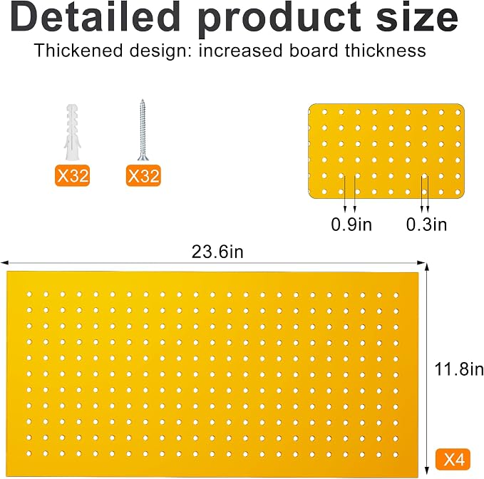 Metal Peg Board Panels, Pegboard Panels, Heavy Duty Pegboards | 4 Pack Yellow Peg Boards, Wall Organizer For Workbench, Shop, Shed, Modular Organizer Board Kit, Wall Organizer