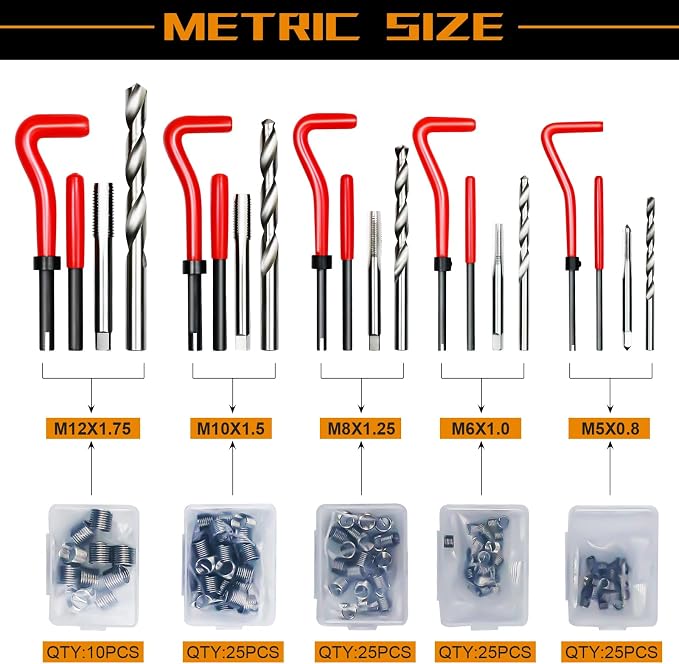 301Pcs Helicoil Thread Repair Kit, Metric & SAE Rethreading Tool | Multi-Size Kit with HSS Drill Bits Inserts Taps Break Off Tools for Automotive Engine, Spark Plug, Stud Bolt Repair