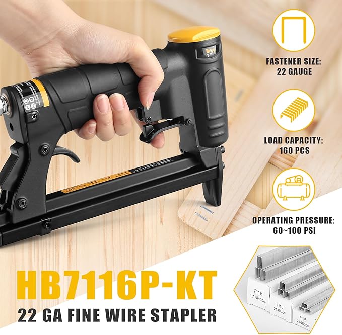 HBT HB7116P-KT 22 Gauge 3/8-Inch Crown Pneumatic Upholstery Stapler, Air Stapler Kit, with 6000 Staples, 1/4-Inch to 5/8-Inch