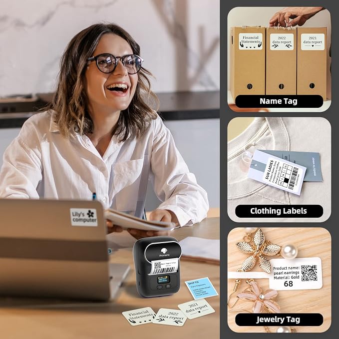 Phomemo M110 Label Printer - Label Maker Machine with 3 Roll Paper, Mini Portable Barcode Label Printer for Small Business, Retail, Address, Barcode, Home, for PC/Mac, iOS/Android- Ebony Black