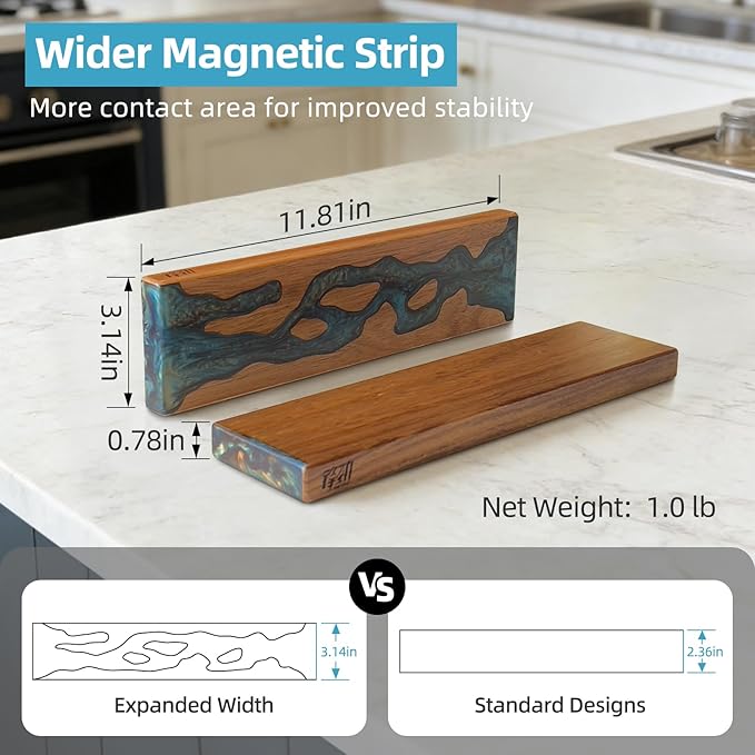FINDKING Magnetic Knife Strip for Wall, Solid Acacia Wood with Mineral Blue Resin Inlay, Wall-Mounted Knife Holder with Strong Magnetic Hold, No-Drill Adhesive Mount (12 Inch)