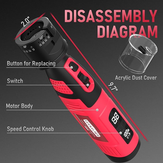 YESWELDER Tungsten Electrode Sharpener Grinder For TIG welding, Handheld Electric with LED Display, Cordless TIG Welding Rotary Tool With Flat Grinding Block Cut-Off Slot, 4 Sizes 6 Angles