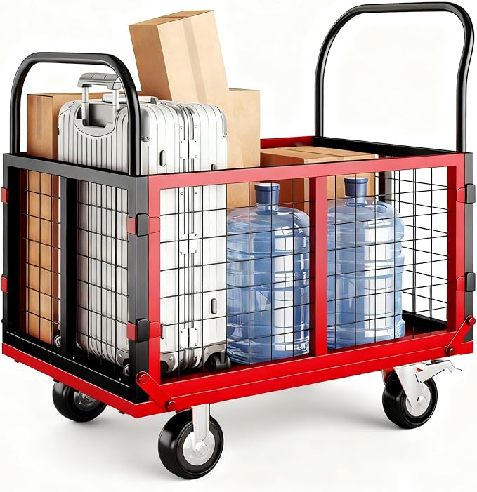 GarveeTech Platform Truck Cart with Cage, 6-in-1 Multi-Purpose Flatbed Cart, Foldable Hand Truck Load 1800LBS with 4 Wheels Push Dolly for Grocery, Laundry, Garage, Warehouse (Red+Black)