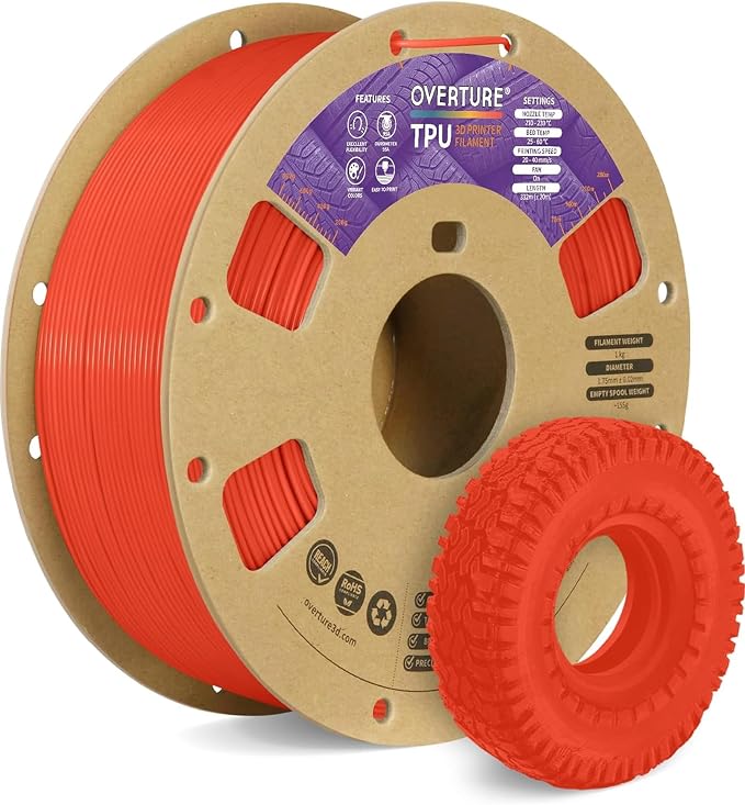 OVERTURE TPU 95A Flexible 3D Printer Filament 1.75mm | High Elasticity & Durability Filament,1kg Spool(2.2lbs),Fit Most FDM Printer(TPU Neon Red)