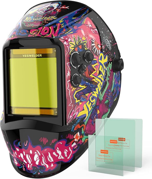 YESWELDER Large View Auto Darkening Welding Helmet, Blue Light Blocking, 1/1/1/1 True Color Solar Powered Welder Hood Mask with 4 Arc Sensors, Wide Shade 3/5-9/9-13 for TIG MIG ARC Cut and Grind