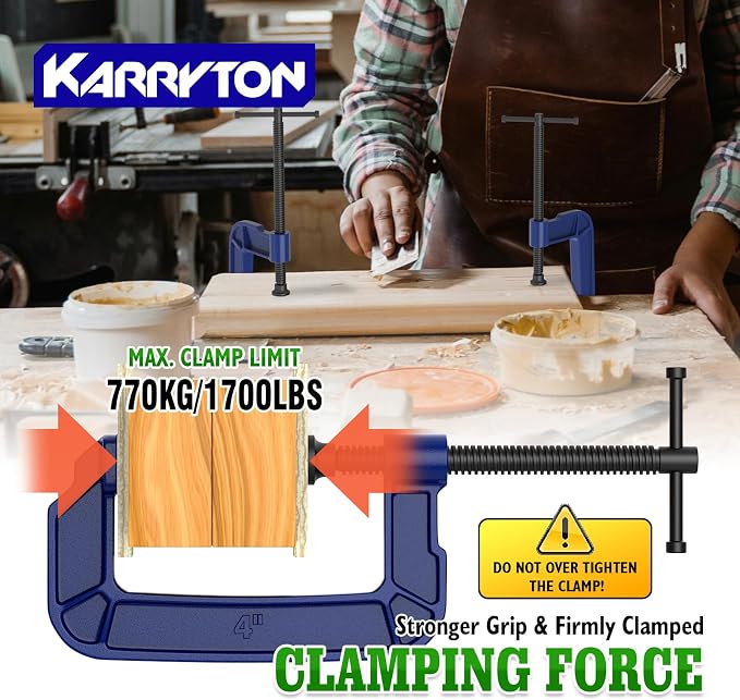 4 inch C Clamps 4-Pack, 2-3/4"(70mm) Large Deep Throat, Ductile Iron C-Clamp w/ 1700LB Clamping Force, Unique Ergonomic Design for Welding, Woodworking, Metal and DIY Projects